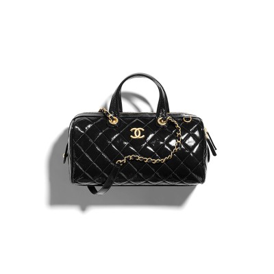 CHANEL LARGE BOWLING BAG PATENT CRUMPLED CALFSKIN & GOLD-TONE METAL BLACK AS5579 (31*17*13cm)